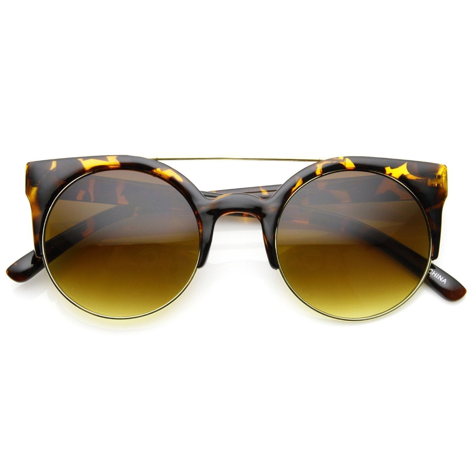 Double Bridge Round Half Frame Cat Eye Sunglasses