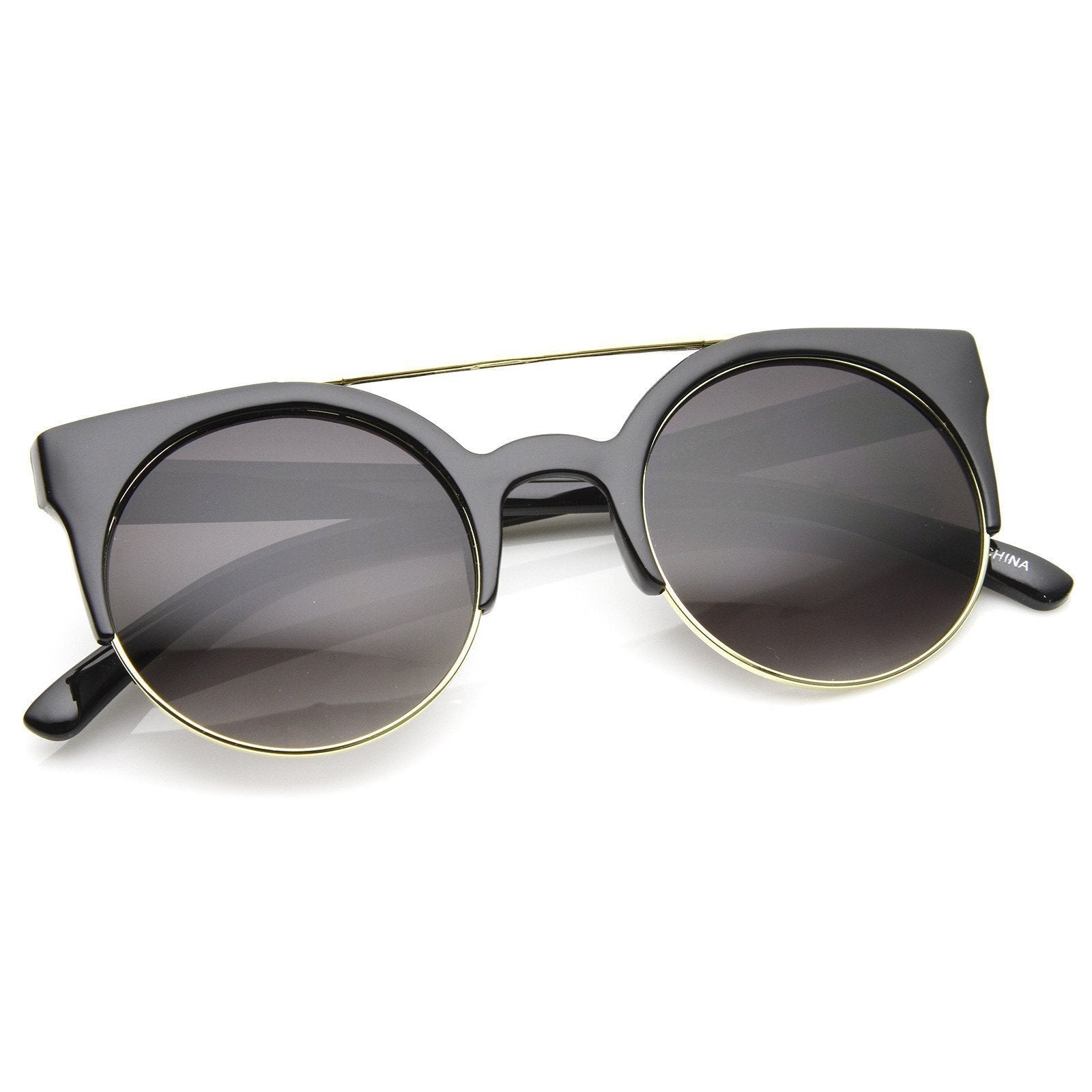 Double Bridge Round Half Frame Cat Eye Sunglasses